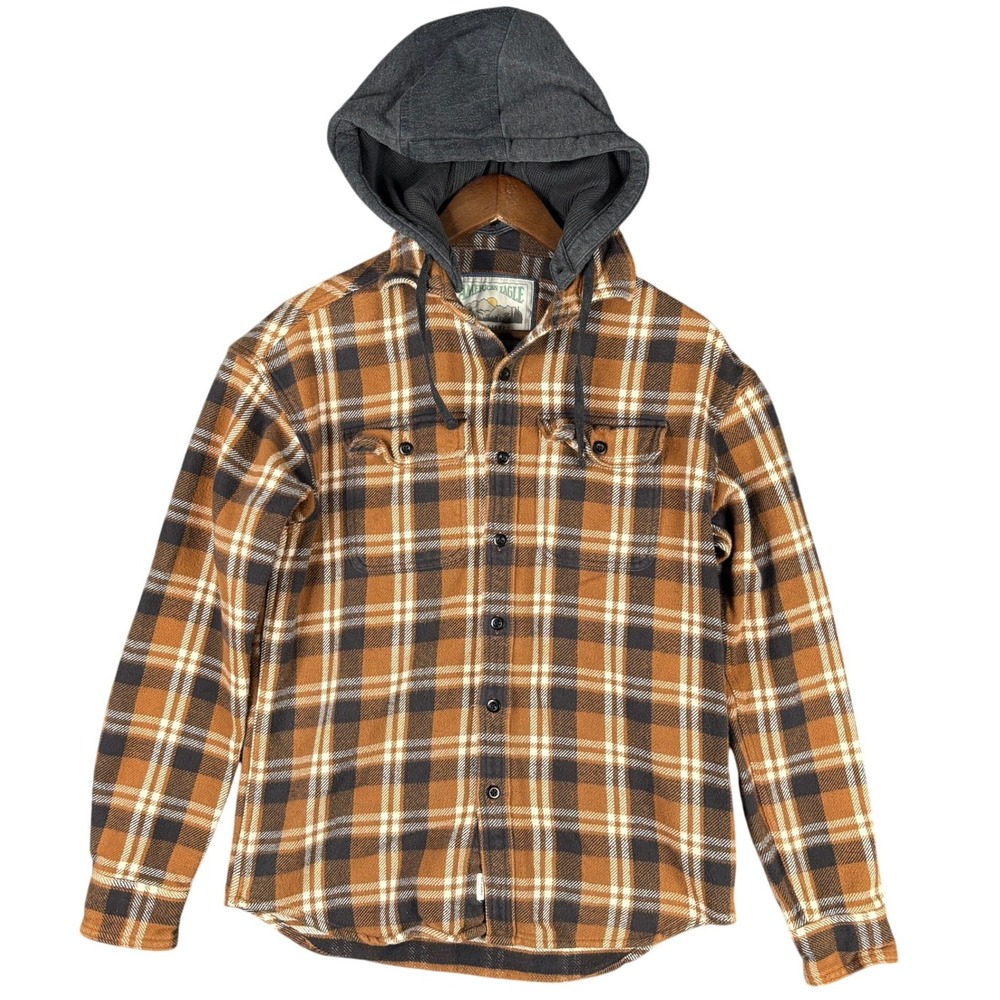 American Eagle Mens XS Brown Plaid Hooded Flannel Shirt Waffle Lined Hood Casual
